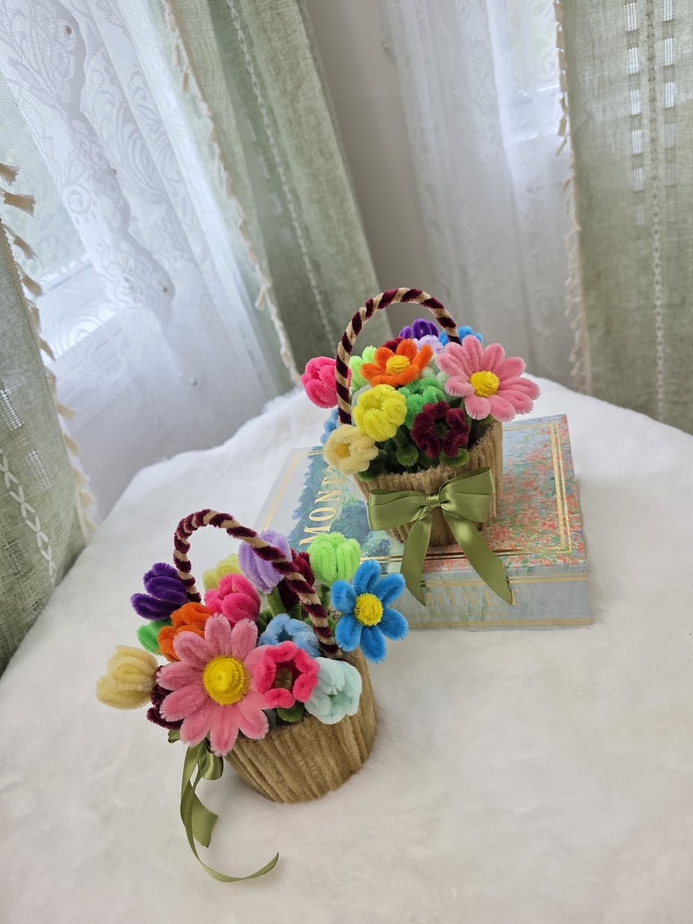 Set of Two Colorful Handmade Felt Flower Baskets